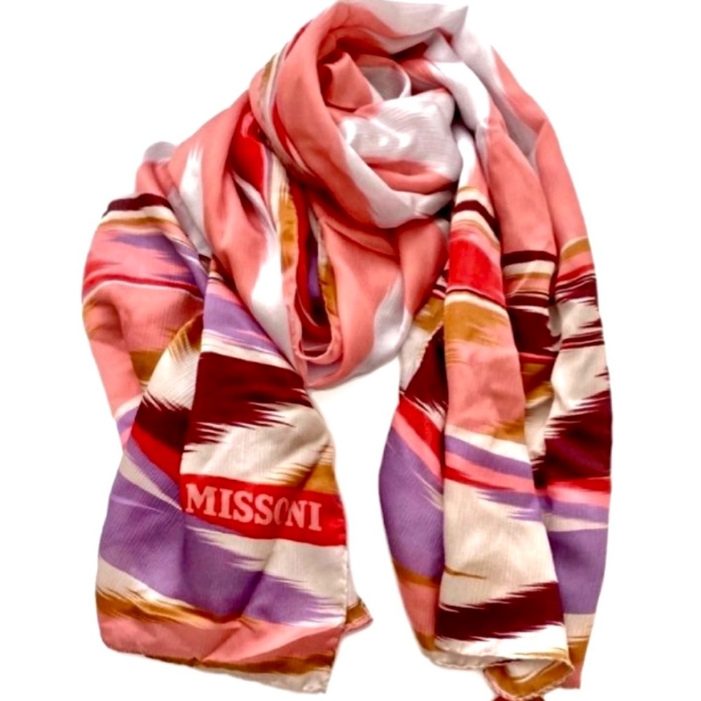 MISSONI Pink Red Multi Shades Printed 100% Silk Scarf NWT